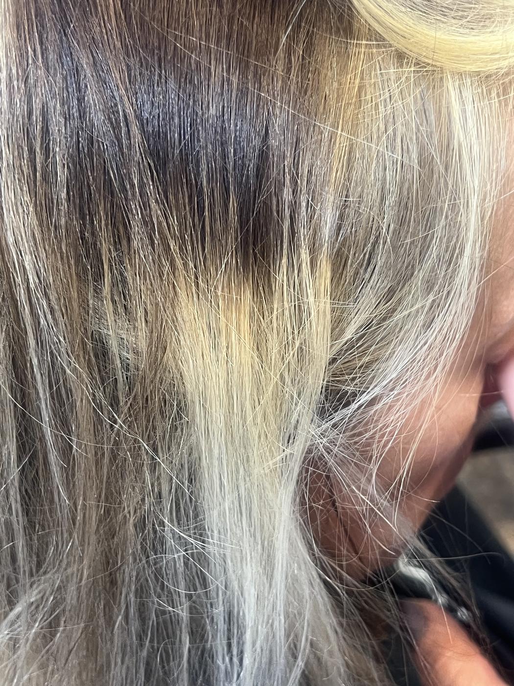 Close-up of a fresh blonde highlight blend